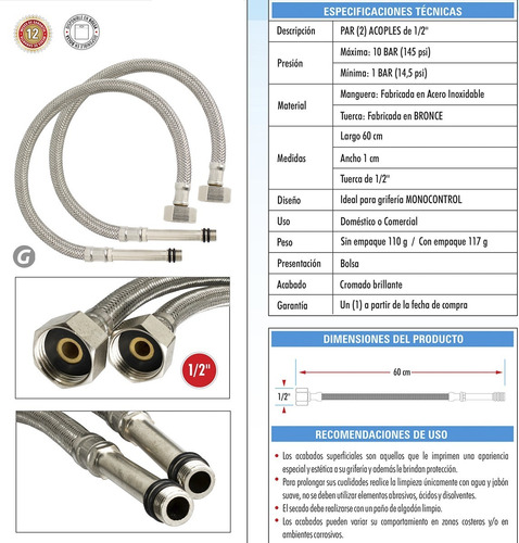 Imagen 2 de 4 de Par De Acoples Con Extensión Para Monocontrol 60 Cm