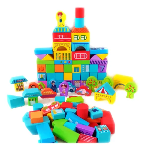 Bloques Madera Colores Construir Ciudad Zoo Infantil 100 Pz