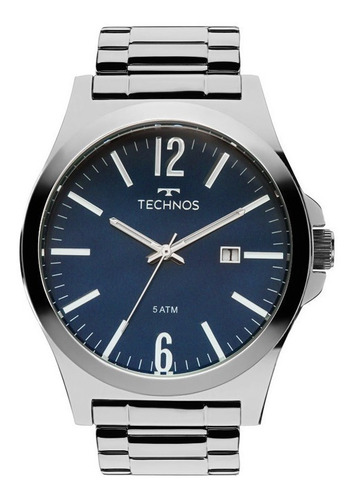 Relógio Technos Masculino Prata Azul Original Com Calendário