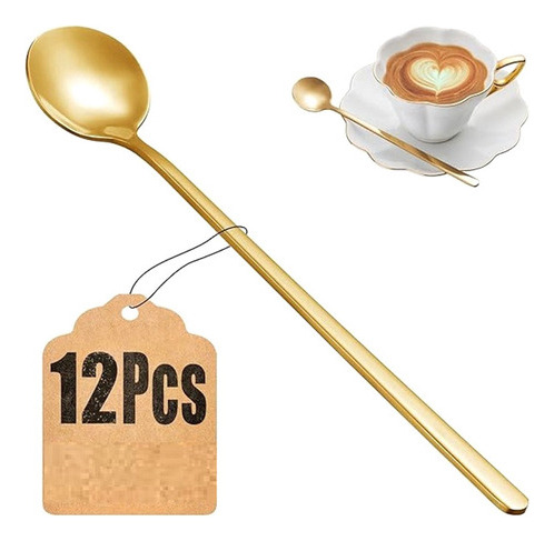Juego De 12 Cucharas De Café Doradas Con Mango Largo Para Ag