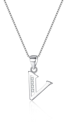 Collar De Letra V Plata 925 Con Dije Letra V Para Regalo Dia de Aniversario