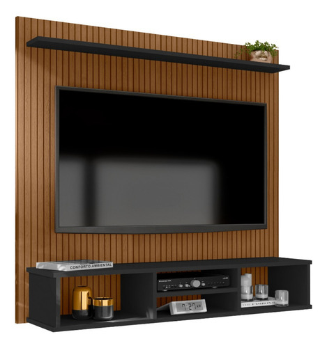 Painel Home Ripado 3d Suspenso Grande Tv Até 50 Polegadas Cor Preto