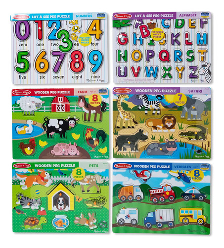 Melissa Doug Wooden Peg Puzzle 6 Números De Paquete, Letras,