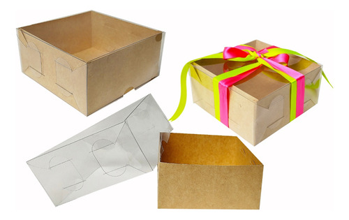 25 Cajas 12x12x6 Cm Tapa Transparente Mod 1772 Kraft Natural Kraft