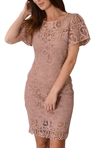 Vestido Corto Rosa Nude Encaje De Casual Manga Ancha