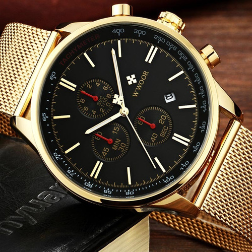 Relógio Wwoor 8862 Quartzo Dourado Pulseira Fina Original