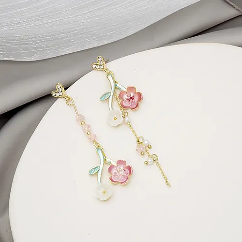 Ay 1par Pendientes Japoneses Largos Con Borlas Con Flores