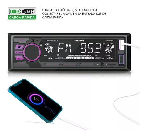 Autoestéreo para auto Steelpro Technologies Carbon 907B con USB, bluetooth y lector de tarjeta SD