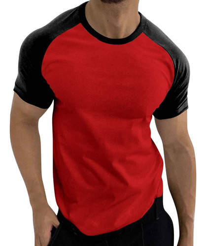 Camisa Manga Corta Raglan Para Hombre Bloque Color Cuello