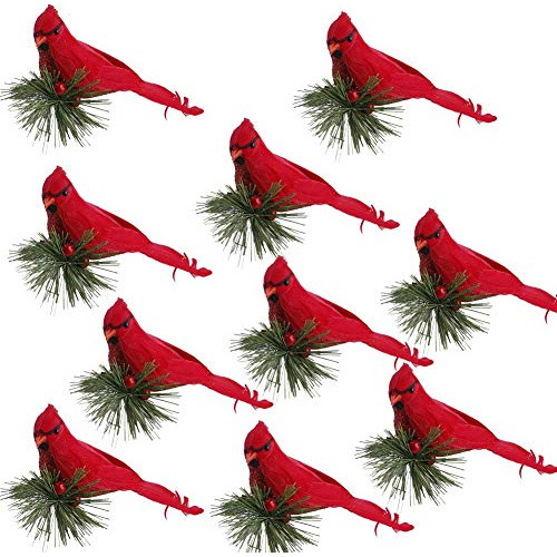 10 Pájaros Cardenales Rojos Artificiales Con Bayas, Espuma D