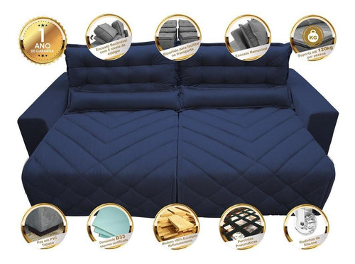 Sofá 2,42m Retrátil E Reclinável Cama Inbox Plus Azul
