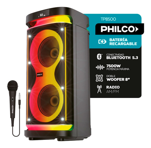 Torre De Sonido Philco Tp8500 7500w Función Karaoke Con Micrófono