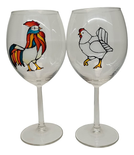 Copas De Vino Pintadas Mano De Gallo Y Gallina, Juego D...