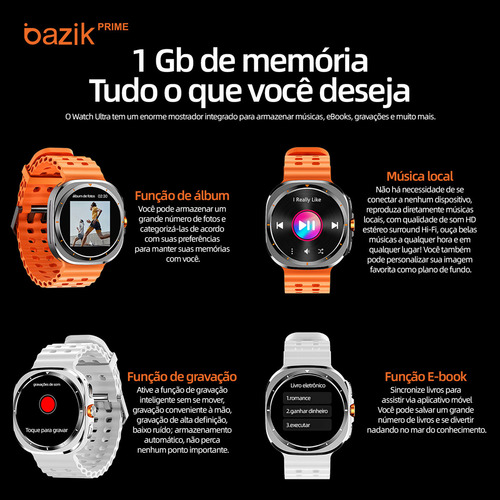 Relógio Inteligente Smartwatch Ultra Bazik Prime Ma27 Masculino E Feminino Smartwatches Para Android, Ios Whatsapp Chatgpt GPS 47mm IP68 1.45"AMOLED 466*466 px