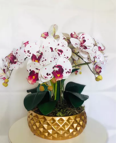 Arranjo Centro De Mesa Orquídea Silicone Vaso Dourado Cerami