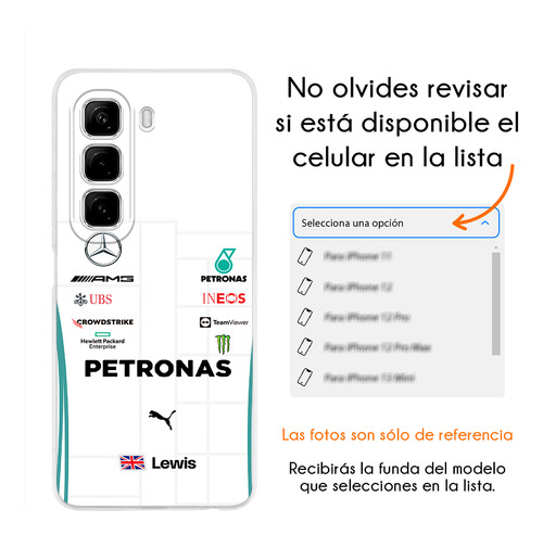 Funda Para Infinix Mercedes Lewis Hamilton F1 Anticaidas Mercedes Petrona Unif. Blanco Hot 50i