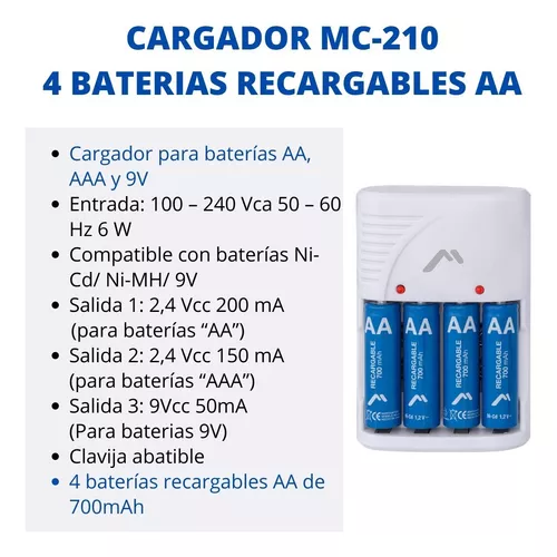 Cargador Para Baterias Recargables AA AAA NI-MH Ni-CD Para 4 Pilas  Recargables