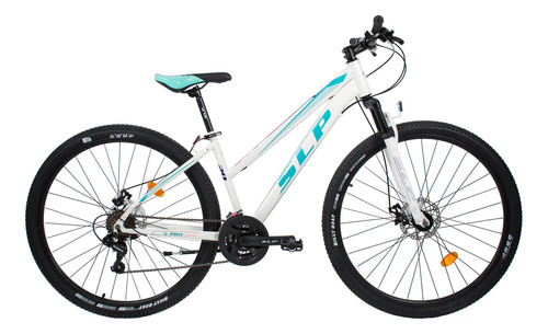 Mountain bike femenina SLP 5 Pro Woman  2023 R29 M18 21v frenos de disco mecánico color blanco/verde con pie de apoyo  