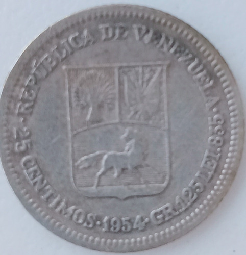 Moneda Antigua 25 Céntimos. Bolivar. 1954