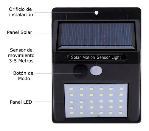 Lámpara Solar 30 Leds Exterior Sensor Movimiento Impermeable Color Negro