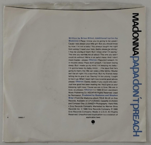 Madonna Papa Don't Preach Vinilo Simple 7 Ps Usa 1986 Estándar