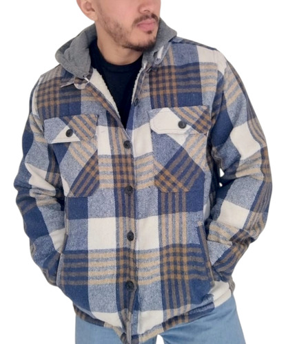 Camisaco Con Capucha Desmontable Asiapo - Modelo Cuadros545 Azul Con Marron L