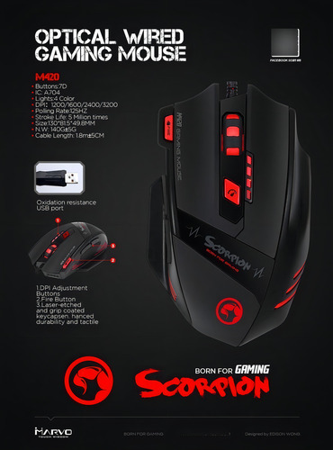 Mouse Marvo Gamer M420 Wired 7 Botões 3200 Dpi Led 4 Cores Cor Preto