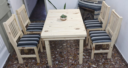 Mesa Comedor Madera Pino 1,20 X 80 + 4 Sillas Tapizadas. Gris