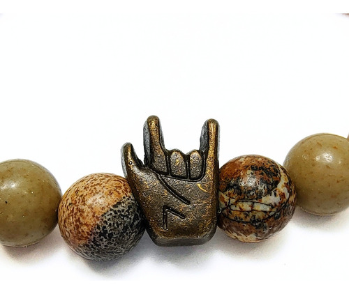 Pulsera De Hombre Piedra Marfil + Jaspe + Dije Rock & Roll