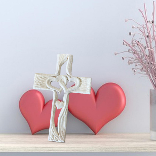 Cruz De Madera Tallada, Corazón Entrelazado, Adornos Grande