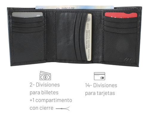 Cartera Triple Premium Hombre Cierre Interno Piel Genuina Negro