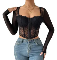 Comprar C. Blusa Crop Top Elegante Corset Encaje Malla Manga Larga