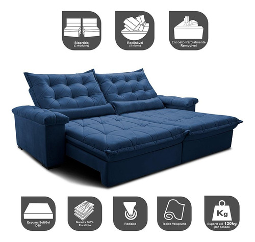 Sofá Retrátil 2,55m Cama Inbox Big Fresh. Com Softgel d40 Cor Azul