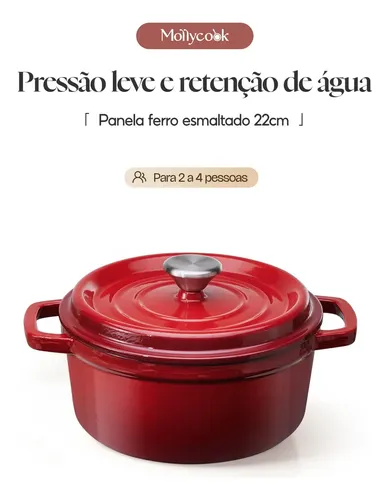 Panela Caçarola Ferro Fundido Esmaltado 22cm 2.7L Mollycook Panela Esmaltado Antiaderente Vermelha