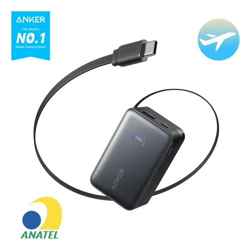 Carregador Portátil Power Bank 10000mAh 45w Anker Cor Preto Com 3 Ports 1 Cabo Usb‑C Retrátil Display Inteligente Carga Turbo Rápida Compatível Com iPhone 17/16/15, Samsung, Notebook, Macbook, AirPod