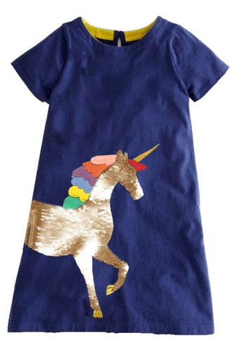Vestido De Niña Unicornio Azul De Algodon