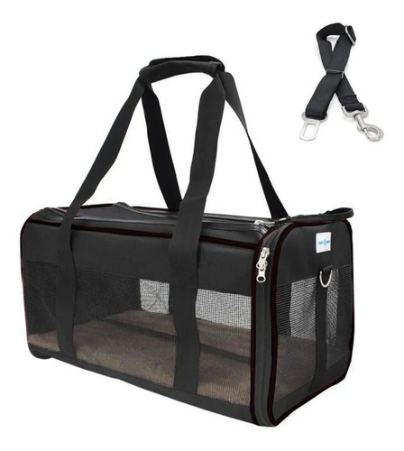 Bolsa Pet Transporte Viagem Avião Cabine Cor Preta + Cinto de Segurança