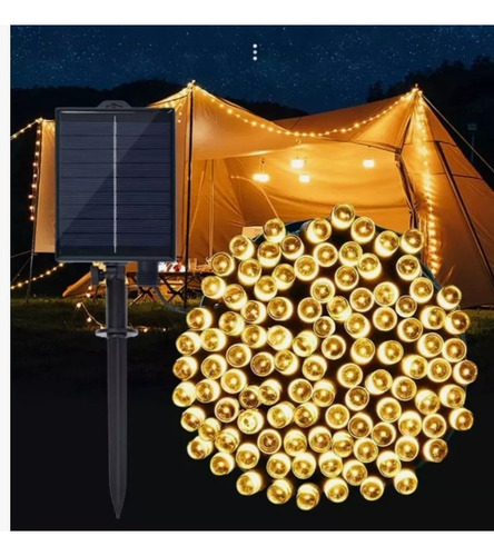 Luz 100 Led Carga Panel Solar 10mt Para Exterior Blanco/frio Cálido