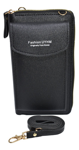 Cartera Bandolera Portacelular Tresher En Ecocuero Negro Lisa Dorado Negro