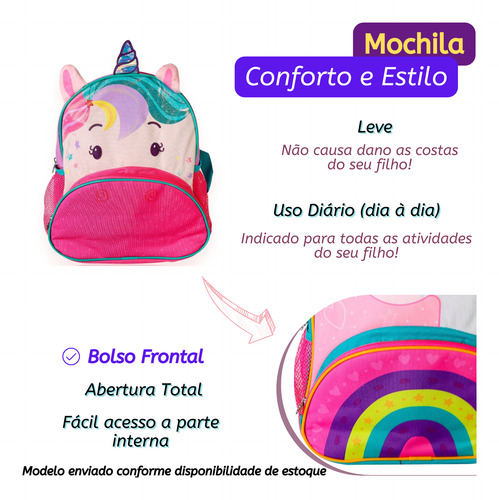 Mochila Criança Menina Costa Cor Rosa Desenho Unicórnio 3d