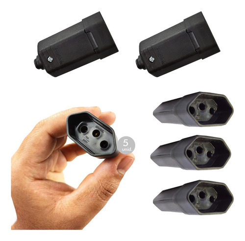 Kit 5 Plugues Adaptador Tomada Fêmea Preto Extensão 10a 2p+t