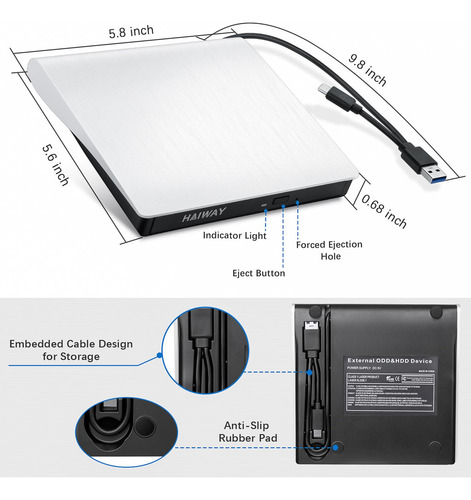 Unidad De Dvd Externa Haiway Usb 3.0 Tipo C Grabadora De Cd