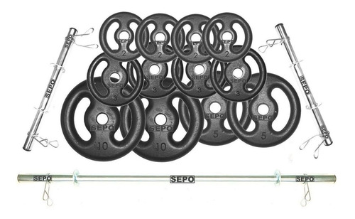 Imagem 1 de 3 de Kit Completo Musculação Fitness Barras 50kg Anilhas Presilha