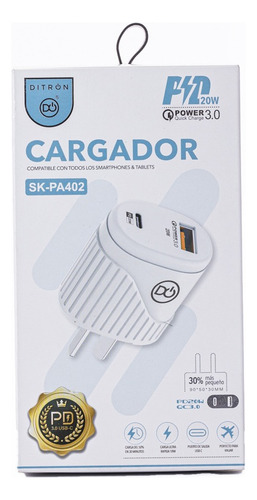 Cargador Ditron Carga Rapida 20w Celular Usb A + Usb C