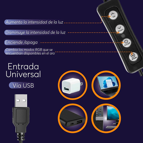 Aro De Luz Led Rgb 10 Con Trípode Abatible De 2m Y Soporte