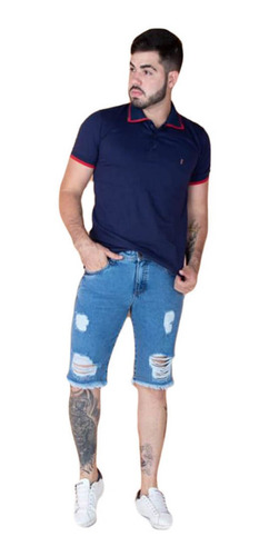 Bermuda Jeans Masculina Com Puidos Barra Desfiada Lançamento