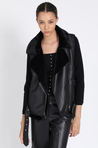 Chaqueta Biker Sin Mangas, Doble Faz Efecto Piel, Negro Liola