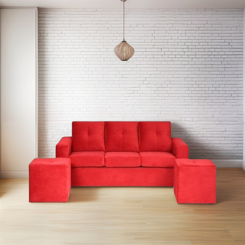 Sofá 3 Cuerpos Con 2 Pouf Felpa Rojo / Muebles América