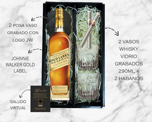 Box Johnnie Walker Gold + 2 Vasos + 2 Posa Vaso + 2 Habanos
