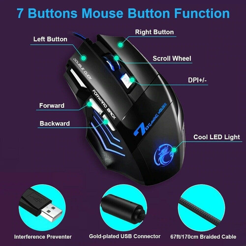 Mouse Gamer Hxsj 3200 Dpi Rgb 7 Botones Óptico Usb Ergonómi